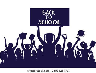 Back to school. Happy school children or first graders, girl is holding banner. Silhouette. Vector illustration.