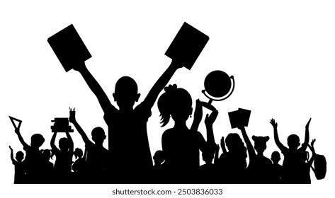 Back to school. Happy school children or first graders with books, globe, etc. (school supplies), crowd of people, silhouette. Vector illustration.