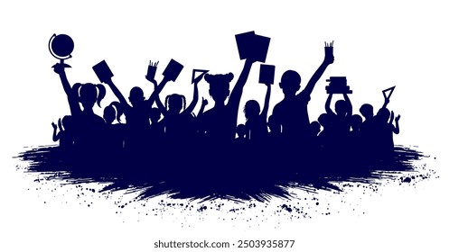 Back to school. Happy school children or first graders with books, globe, etc. (school supplies), crowd of people, silhouette. Vector illustration.