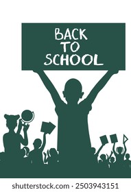 Back to school. Happy school children or first graders and banner, silhouette. Vector illustration.