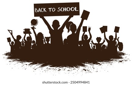 Back to school. Happy school children or first graders, boy is holding banner. Silhouette. Vector illustration.