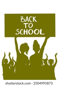 Back to school. Happy school children or first graders and banner, silhouette. Vector illustration.