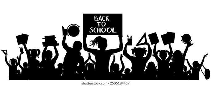 Back to school. Happy school children or first graders, girl is holding banner. Silhouette. Vector illustration.