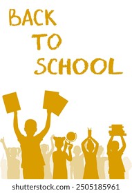 Back to school. Happy school children or first graders with books, globe, etc. (school supplies), crowd of people, silhouette. Vertical banner. Vector illustration.