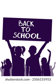 Back to school. Happy school children or first graders and banner, silhouette. Vector illustration.