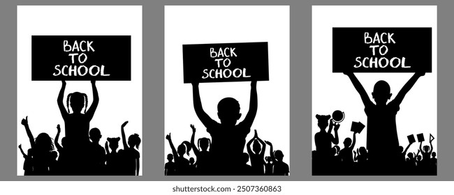 Back to school. Happy school children or first graders and banner, silhouette, set. Vector illustration.