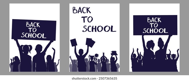 Back to school. Happy school children or first graders and banner, silhouette, set. Vector illustration.
