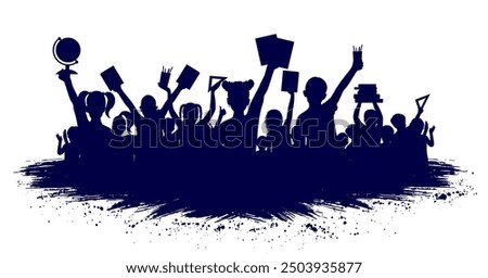 Back to school. Happy school children or first graders with books, globe, etc. (school supplies), crowd of people, silhouette. Vector illustration.