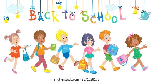 Back to school! Happy children are going with their school bags. A funny picture with an inscription and decor in cartoon style. Isolated on white background. Vector flat illustration