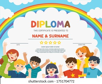 Back to School. Happy children having fun together in nature. Children look up with interest. Template for Certificate kids diploma