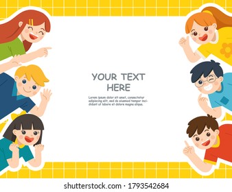 Back to School. Happy children having fun together. Children look up with interest. Template for advertising brochure. 