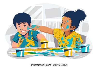 Back to School. Happy children painting and drawing on paper. Cute boys and girls having fun together. Children look up with interest. Art kids.
