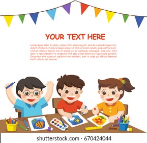 Back to school. Happy creative kids playing, painting,sketching in art class. Education and Enjoyment Concept. Template for advertising brochure on white background.