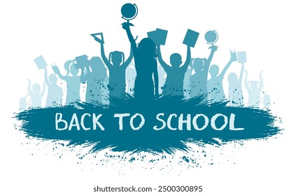 Back to school. Happy crowd of school children with school supplies. Silhouette. Vector illustration