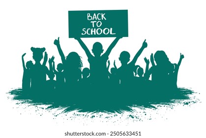 Back to school. Happy crowd of school children with hand up and banner. Silhouette. Vector illustration