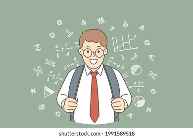 Back to school and happy education concept. Young happy positive schoolchild boy with backpack standing looking at camera feeling positive vector illustration 