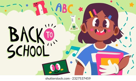 Back to School Happy Girl Book Green Background