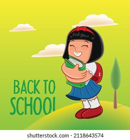 back to school. happy girl. a girl carries a book in her hands. caracter design. illustration