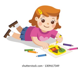 Back to school, Happy Girl draw pictures pencils and paints on floor.Isolated vector.