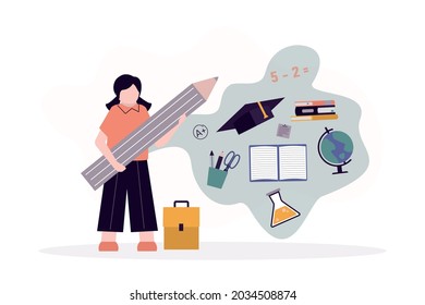 Back to school. Happy girl pupil with pencil. Cartoon child studying. Kid student stay with stationery. Female scholar studies and learning. Concept of education and knowledge. Vector illustration