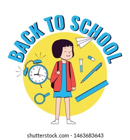 Back to school. Happy girl with school supplies. School girl .Vector illustration.