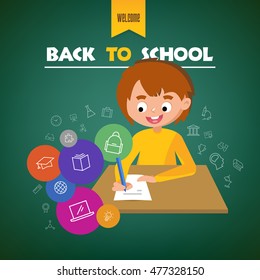 Back to School. Happy School Kid Writing in Copybook with Colorful Icons Around. Poster Design Illustration.