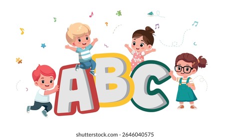 voltar para a escola crianças felizes abc aprendizagem banner desenho animado vetor ilustração