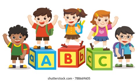 Back to School. Happy school kids with alphabet blocks.