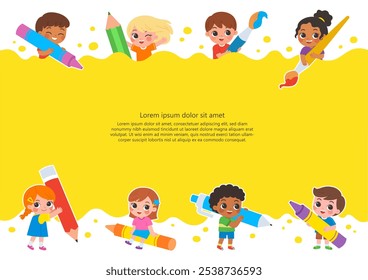 Back to School. Happy school kids draw big art together with large art supplies. Template for advertising brochure. Children look up with interest. Ready for your message.