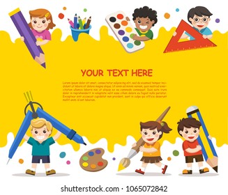Back to School. Happy school kids with elements of school. Template for advertising brochure. Children look up with interest.