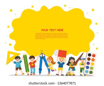 Back to School. Happy school kids with elements of school. Template for advertising brochure. Children look up with interest.