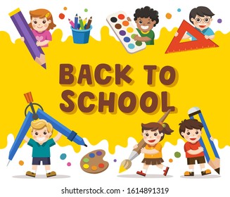 Back to School. Happy school kids with elements of school. Template for advertising brochure. Children look up with interest.