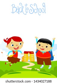 Back to School Happy Kids Flat Design Vectoral Illustration. Handmade Font. White Background Isolated.