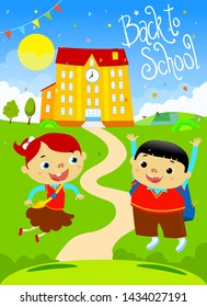 Back to School Happy Kids Flat Design Vectoral Illustration. Handmade Font.