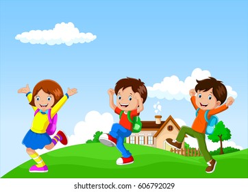 BACK TO SCHOOL - Happy kids going to school from home