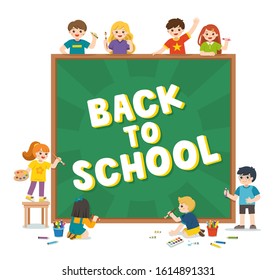 Back to School. Happy school kids holding blackboard with back to school writing. Template for advertising brochure. Children look up with interest. Vector illustration. 