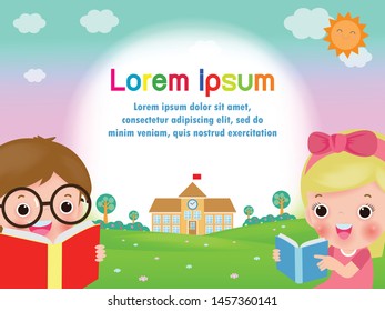 Back to school, happy kids reading books, student learning, education concept Template for advertising brochure, your text, children and frame, cartoon child character. Vector Illustration