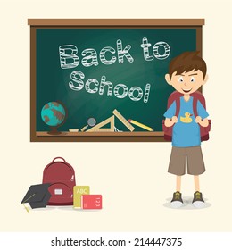 Back to school, Happy little boy with backpack vector illustration 