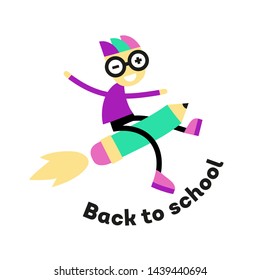 Back To School. Happy Pupil Or Student Flying On The Pencil - Rocket Forward To Knowledge. School Logo Or Icon In A Flat Style. Vector.