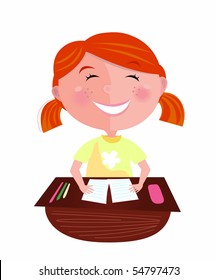 Back to school: Happy red hair girl in classroom Small pupil sitting in the classroom. Cute girl study hard, but learning makes her fun! Stylized vector Illustration