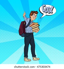 Back to School - Happy Schoolboy with Backpack and Books Gesturing Great. Pop Art Vector illustration