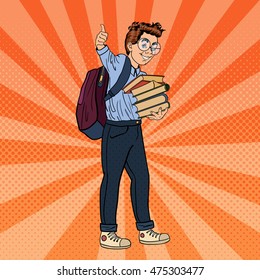 Back to School - Happy Schoolboy with Backpack and Books Gesturing Great. Pop Art Vector illustration