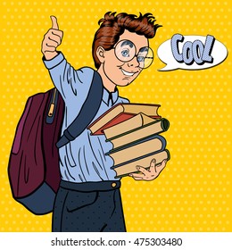 Back to School - Happy Schoolboy with Backpack and Books Gesturing Great. Pop Art Vector illustration