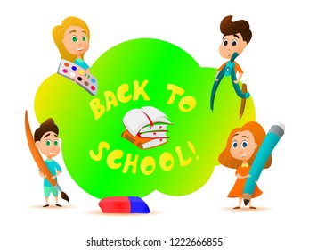 Back to school. Happy schoolchildren with school elements. Template for advertising brochure. Vector illustration. Eps10