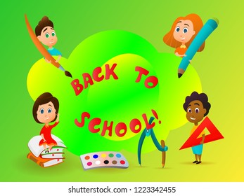 Back to school. Happy schoolchildren with school elements. Template for advertising brochure. Vector illustration. Option 4. Eps10