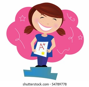 Back To School: Happy Small Child Dreaming About Good Grades. School Superstar! Small School Girl Holding Up Test And Dreaming About 