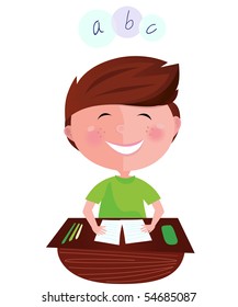 Back to school: Happy smiling learning boy on english lesson. Cartoon vector illustration of boy learning the letters.