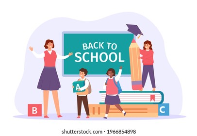 Back to school. Happy teacher meet students with bags, books and pencil. Children in classroom. First day of study, education vector concept. Boy and girls pupils in uniform coming to learn