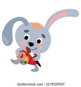 Back to school. Hare with a brush and paints. Draw style. White background, isolate. vector illustration.