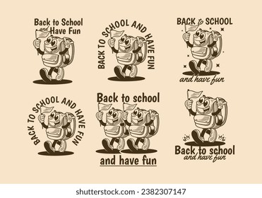 Back to school and have fun. Vintage mascot character illustration of walking school bag holding a flag